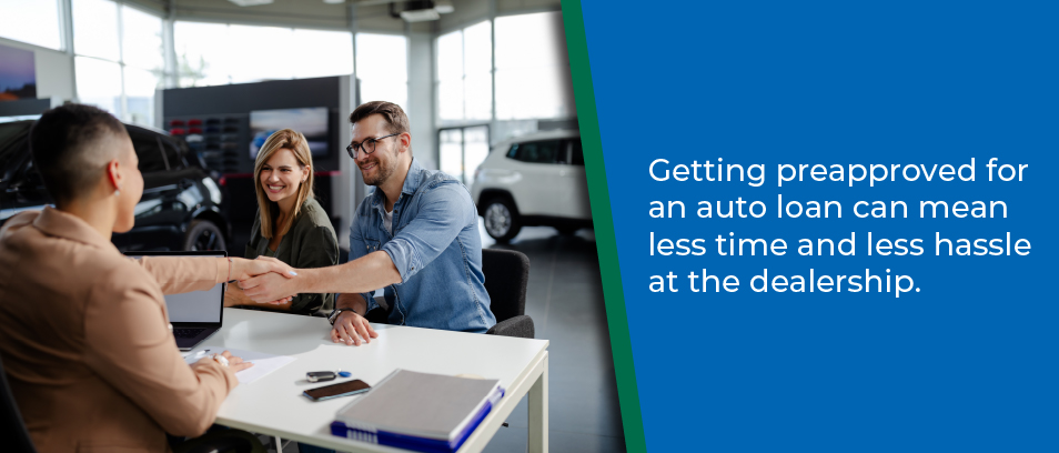 Getting preapproved for an auto loan can mean less time and less hassle at the dealership - Image of a couple shaking hands with a car dealer